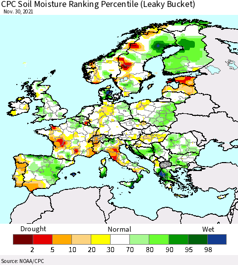 Europe CPC Soil Moisture Ranking Percentile (Leaky Bucket) Thematic Map For 11/26/2021 - 11/30/2021