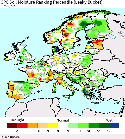 Europe CPC Soil Moisture Ranking Percentile (Leaky Bucket) Thematic Map For 12/1/2021 - 12/5/2021