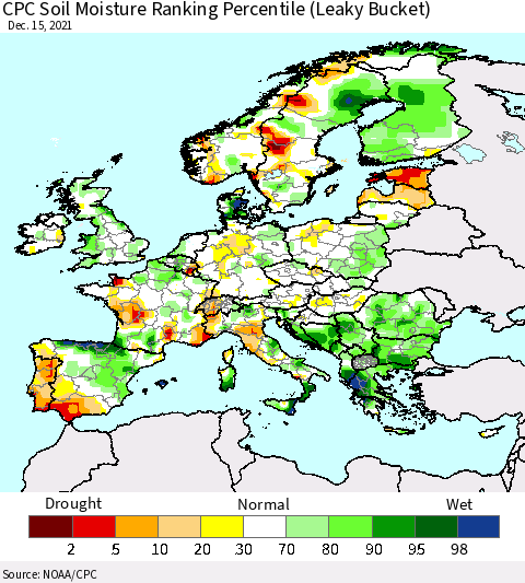 Europe CPC Soil Moisture Ranking Percentile (Leaky Bucket) Thematic Map For 12/11/2021 - 12/15/2021