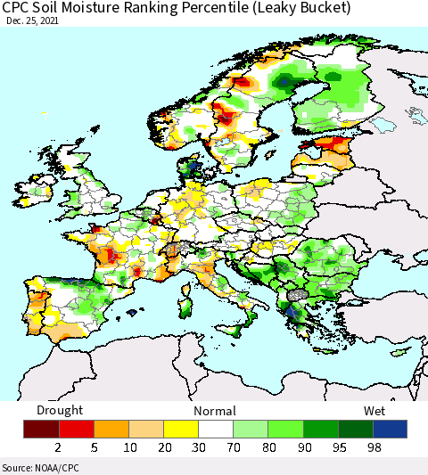 Europe CPC Soil Moisture Ranking Percentile (Leaky Bucket) Thematic Map For 12/21/2021 - 12/25/2021