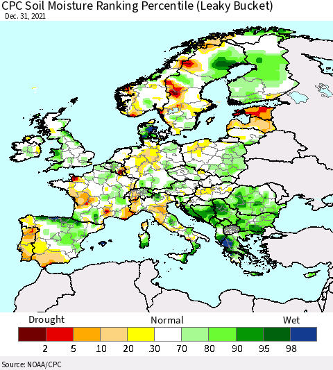 Europe CPC Soil Moisture Ranking Percentile (Leaky Bucket) Thematic Map For 12/26/2021 - 12/31/2021