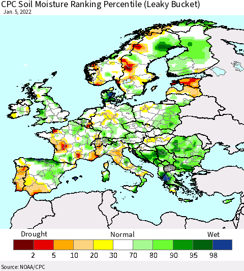 Europe CPC Soil Moisture Ranking Percentile (Leaky Bucket) Thematic Map For 1/1/2022 - 1/5/2022