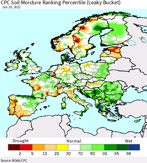 Europe CPC Soil Moisture Ranking Percentile (Leaky Bucket) Thematic Map For 1/6/2022 - 1/10/2022