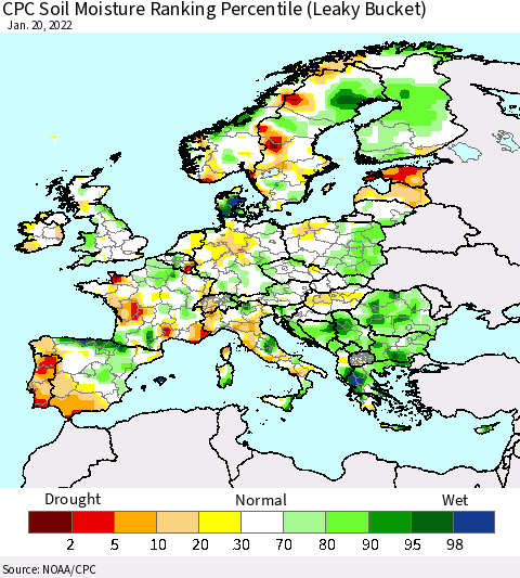 Europe CPC Soil Moisture Ranking Percentile (Leaky Bucket) Thematic Map For 1/16/2022 - 1/20/2022