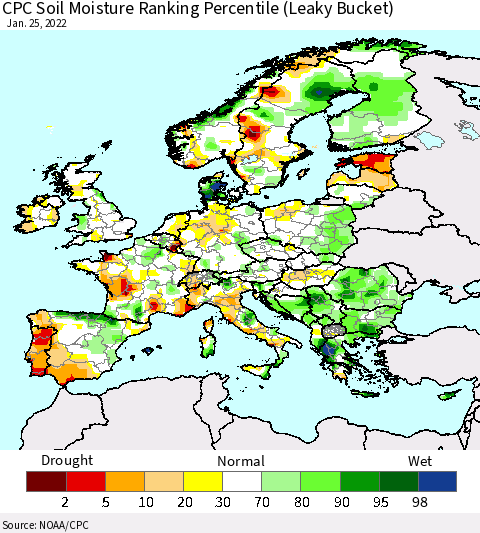 Europe CPC Soil Moisture Ranking Percentile (Leaky Bucket) Thematic Map For 1/21/2022 - 1/25/2022