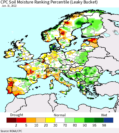 Europe CPC Soil Moisture Ranking Percentile (Leaky Bucket) Thematic Map For 1/26/2022 - 1/31/2022
