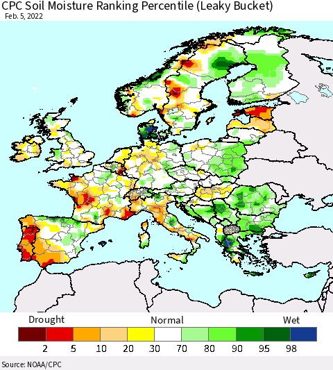 Europe CPC Soil Moisture Ranking Percentile (Leaky Bucket) Thematic Map For 2/1/2022 - 2/5/2022