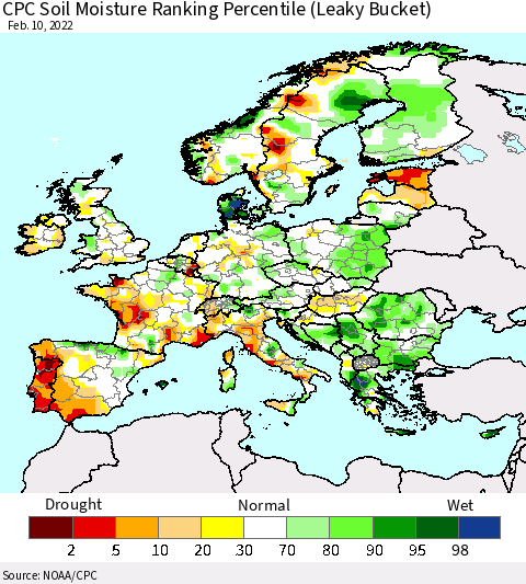 Europe CPC Soil Moisture Ranking Percentile (Leaky Bucket) Thematic Map For 2/6/2022 - 2/10/2022