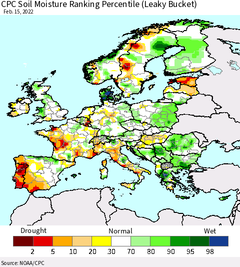 Europe CPC Soil Moisture Ranking Percentile (Leaky Bucket) Thematic Map For 2/11/2022 - 2/15/2022