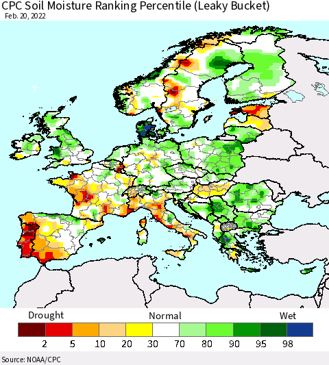 Europe CPC Soil Moisture Ranking Percentile (Leaky Bucket) Thematic Map For 2/16/2022 - 2/20/2022