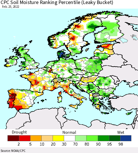 Europe CPC Soil Moisture Ranking Percentile (Leaky Bucket) Thematic Map For 2/21/2022 - 2/25/2022