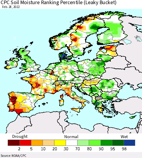 Europe CPC Soil Moisture Ranking Percentile (Leaky Bucket) Thematic Map For 2/26/2022 - 2/28/2022