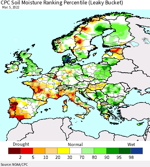Europe CPC Soil Moisture Ranking Percentile (Leaky Bucket) Thematic Map For 3/1/2022 - 3/5/2022
