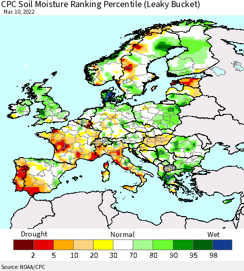 Europe CPC Soil Moisture Ranking Percentile (Leaky Bucket) Thematic Map For 3/6/2022 - 3/10/2022