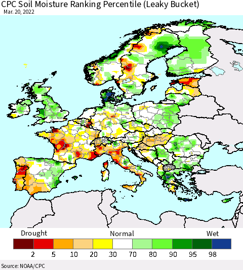 Europe CPC Soil Moisture Ranking Percentile (Leaky Bucket) Thematic Map For 3/16/2022 - 3/20/2022