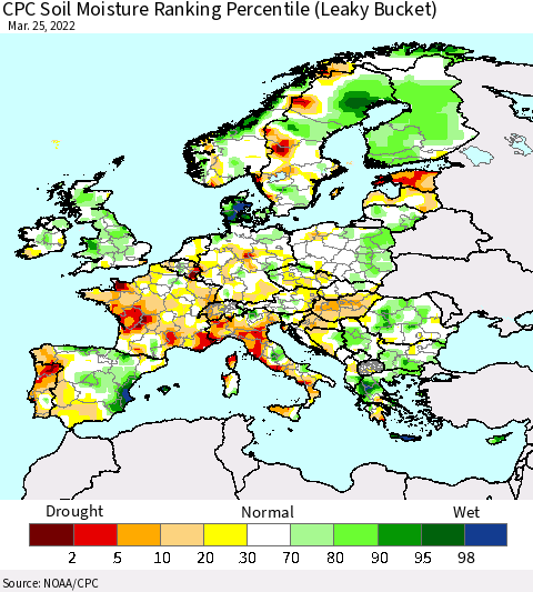 Europe CPC Soil Moisture Ranking Percentile (Leaky Bucket) Thematic Map For 3/21/2022 - 3/25/2022