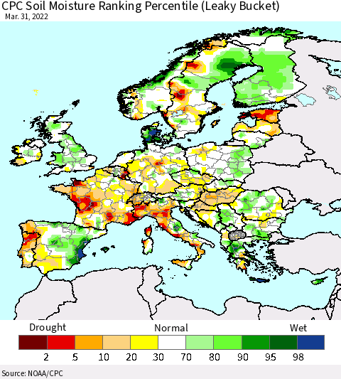 Europe CPC Soil Moisture Ranking Percentile (Leaky Bucket) Thematic Map For 3/26/2022 - 3/31/2022