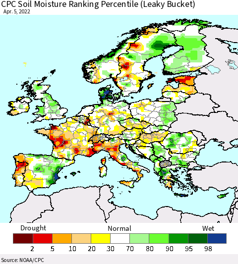 Europe CPC Soil Moisture Ranking Percentile (Leaky Bucket) Thematic Map For 4/1/2022 - 4/5/2022