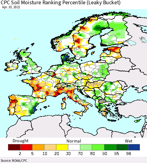 Europe CPC Soil Moisture Ranking Percentile (Leaky Bucket) Thematic Map For 4/6/2022 - 4/10/2022