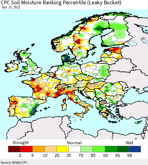 Europe CPC Soil Moisture Ranking Percentile (Leaky Bucket) Thematic Map For 4/11/2022 - 4/15/2022