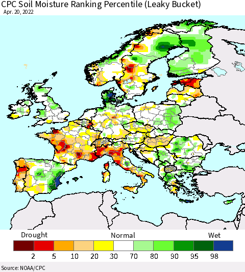 Europe CPC Soil Moisture Ranking Percentile (Leaky Bucket) Thematic Map For 4/16/2022 - 4/20/2022