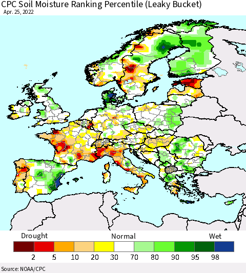 Europe CPC Soil Moisture Ranking Percentile (Leaky Bucket) Thematic Map For 4/21/2022 - 4/25/2022