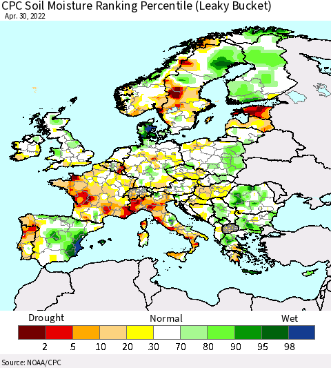 Europe CPC Soil Moisture Ranking Percentile (Leaky Bucket) Thematic Map For 4/26/2022 - 4/30/2022