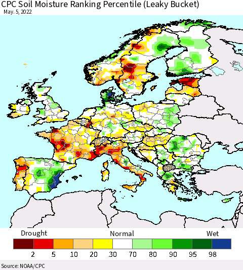 Europe CPC Soil Moisture Ranking Percentile (Leaky Bucket) Thematic Map For 5/1/2022 - 5/5/2022