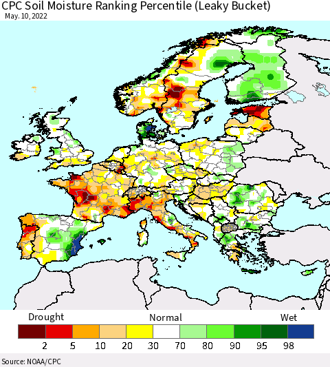 Europe CPC Soil Moisture Ranking Percentile (Leaky Bucket) Thematic Map For 5/6/2022 - 5/10/2022