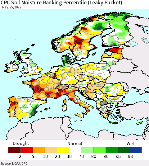 Europe CPC Soil Moisture Ranking Percentile (Leaky Bucket) Thematic Map For 5/21/2022 - 5/25/2022