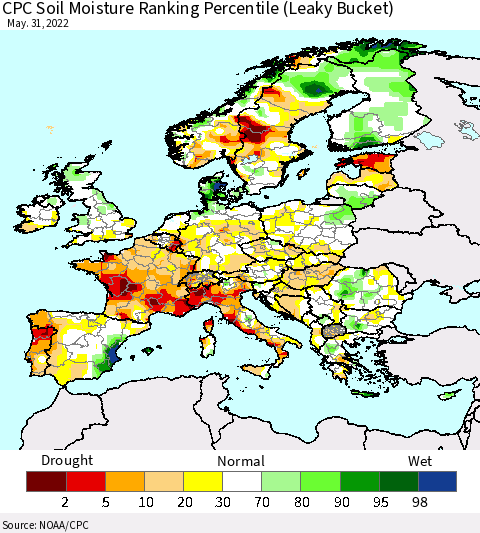 Europe CPC Soil Moisture Ranking Percentile (Leaky Bucket) Thematic Map For 5/26/2022 - 5/31/2022