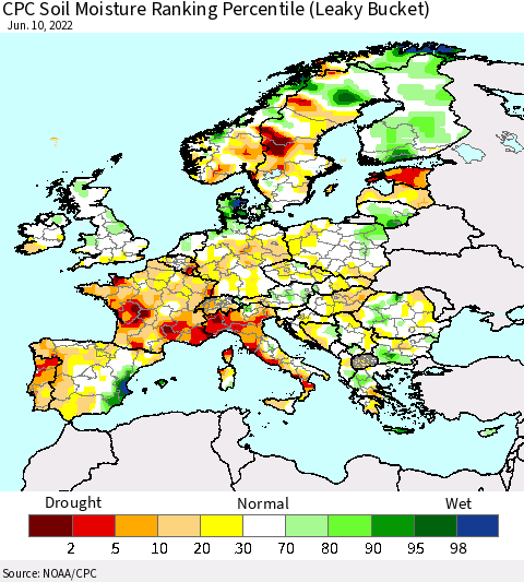 Europe CPC Soil Moisture Ranking Percentile (Leaky Bucket) Thematic Map For 6/6/2022 - 6/10/2022