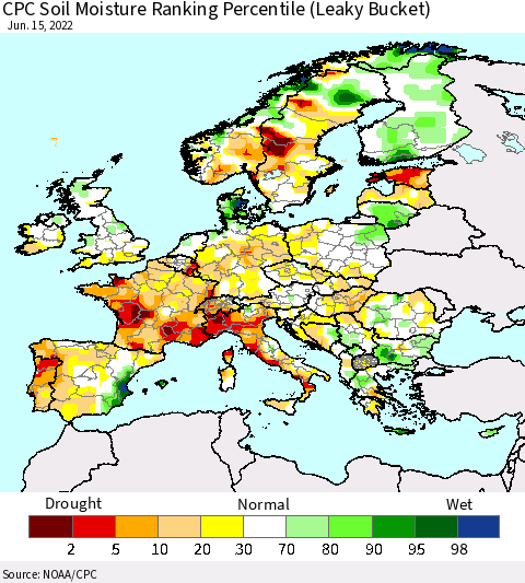Europe CPC Soil Moisture Ranking Percentile (Leaky Bucket) Thematic Map For 6/11/2022 - 6/15/2022