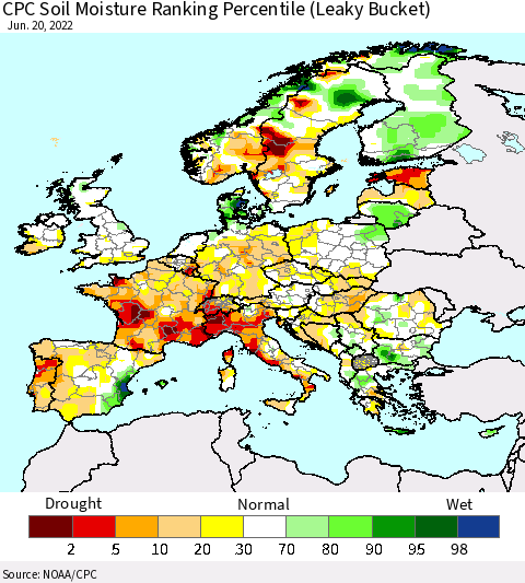 Europe CPC Soil Moisture Ranking Percentile (Leaky Bucket) Thematic Map For 6/16/2022 - 6/20/2022