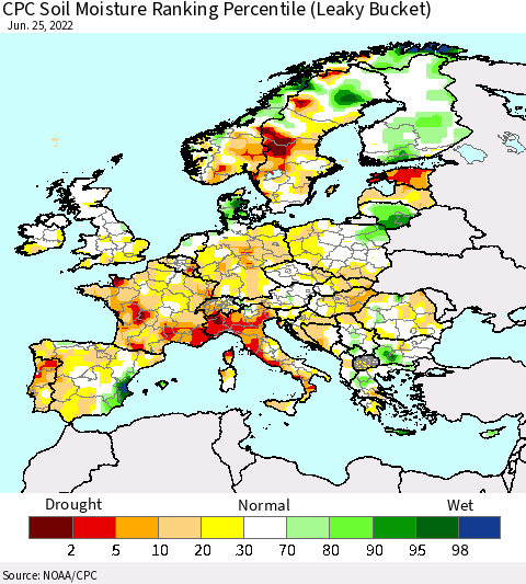 Europe CPC Soil Moisture Ranking Percentile (Leaky Bucket) Thematic Map For 6/21/2022 - 6/25/2022