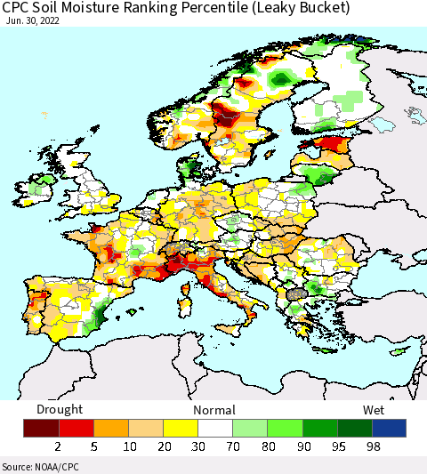 Europe CPC Soil Moisture Ranking Percentile (Leaky Bucket) Thematic Map For 6/26/2022 - 6/30/2022