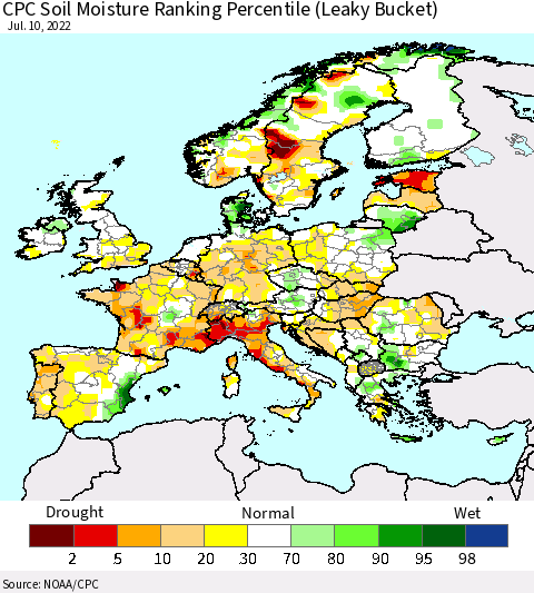 Europe CPC Soil Moisture Ranking Percentile (Leaky Bucket) Thematic Map For 7/6/2022 - 7/10/2022