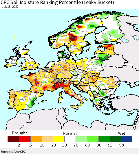 Europe CPC Soil Moisture Ranking Percentile (Leaky Bucket) Thematic Map For 7/11/2022 - 7/15/2022