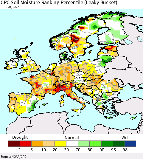 Europe CPC Soil Moisture Ranking Percentile (Leaky Bucket) Thematic Map For 7/16/2022 - 7/20/2022