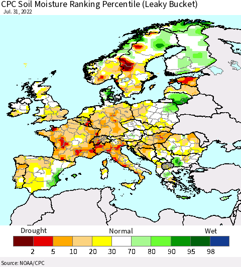 Europe CPC Soil Moisture Ranking Percentile (Leaky Bucket) Thematic Map For 7/26/2022 - 7/31/2022