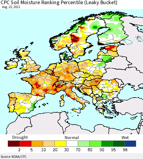 Europe CPC Soil Moisture Ranking Percentile (Leaky Bucket) Thematic Map For 8/6/2022 - 8/10/2022