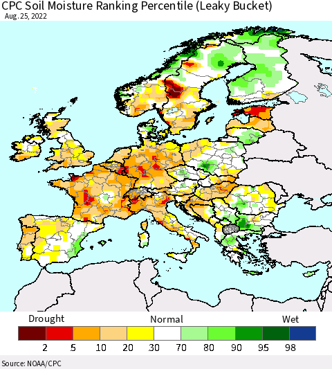 Europe CPC Soil Moisture Ranking Percentile (Leaky Bucket) Thematic Map For 8/21/2022 - 8/25/2022