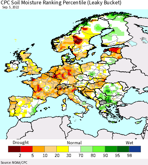 Europe CPC Soil Moisture Ranking Percentile (Leaky Bucket) Thematic Map For 9/1/2022 - 9/5/2022