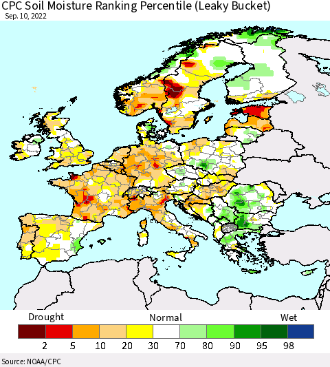 Europe CPC Soil Moisture Ranking Percentile (Leaky Bucket) Thematic Map For 9/6/2022 - 9/10/2022