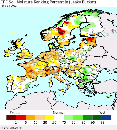 Europe CPC Soil Moisture Ranking Percentile (Leaky Bucket) Thematic Map For 9/11/2022 - 9/15/2022