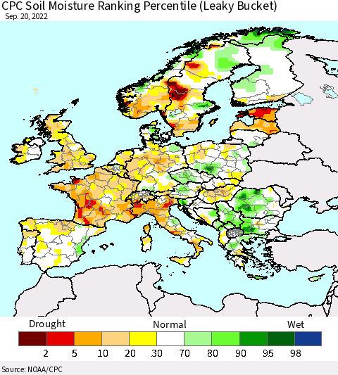Europe CPC Soil Moisture Ranking Percentile (Leaky Bucket) Thematic Map For 9/16/2022 - 9/20/2022