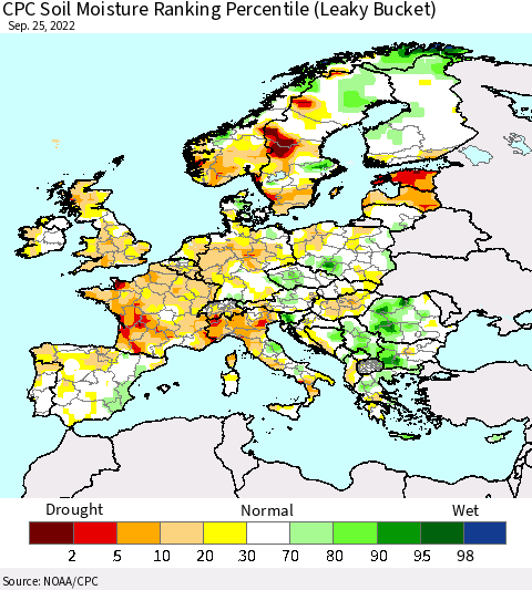 Europe CPC Soil Moisture Ranking Percentile (Leaky Bucket) Thematic Map For 9/21/2022 - 9/25/2022