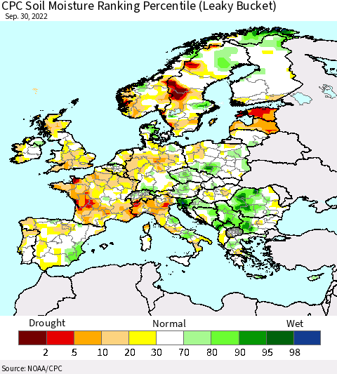 Europe CPC Soil Moisture Ranking Percentile (Leaky Bucket) Thematic Map For 9/26/2022 - 9/30/2022