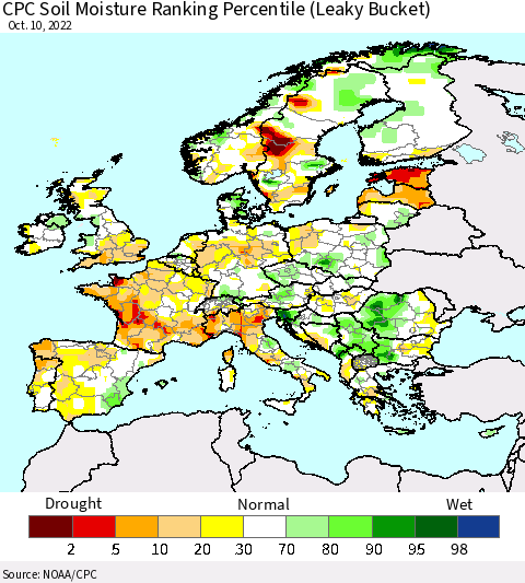 Europe CPC Soil Moisture Ranking Percentile (Leaky Bucket) Thematic Map For 10/6/2022 - 10/10/2022