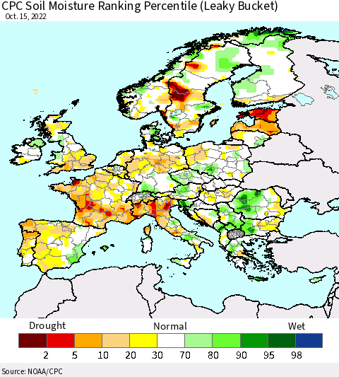 Europe CPC Soil Moisture Ranking Percentile (Leaky Bucket) Thematic Map For 10/11/2022 - 10/15/2022